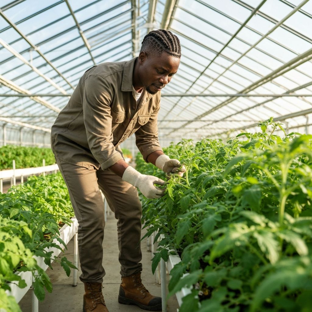 Agricultural worker in greenhouse